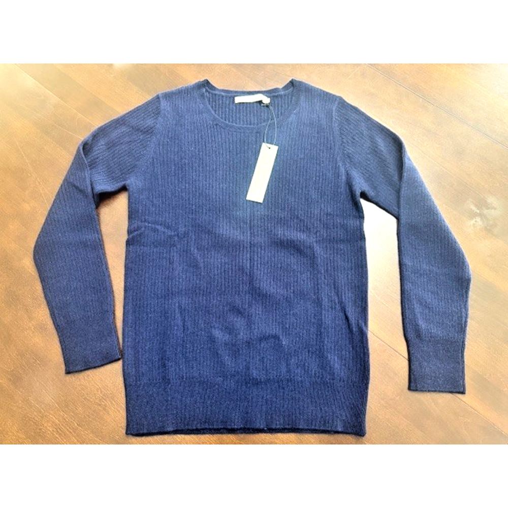 NWT Womens One Grey Day 100% Cashmere Ribbed Navy Blue Denim Sweater L